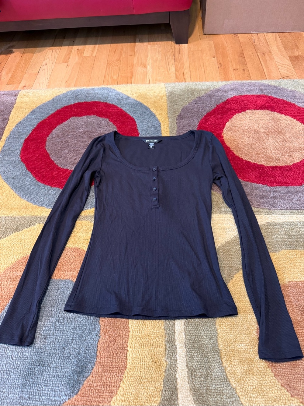 Athleta Women Signature Rib Henley Top Long Sleeve Scoop Neck Ribbed Black XS